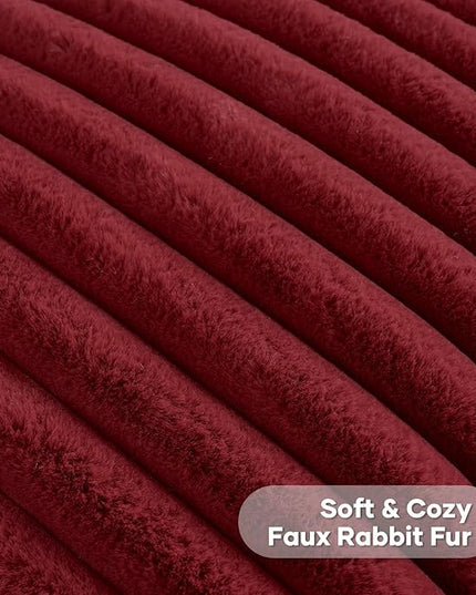 FUTEI Christmas Burgundy Throw Pillow Covers Set of 2, 26x26 Inch Striped Texture Euro Pillow Shams with Soft Faux Rabbit Fur Front & Velvet Back, Modern Decorative Couch Pillows for Living Room