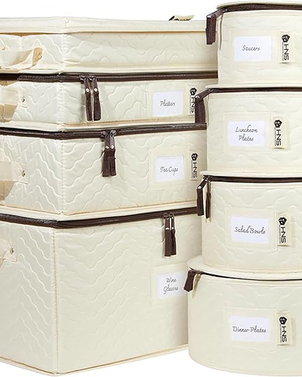 Hard Shell China Storage Containers 8-Piece Set Moving Boxes for Dinnerware, Glasses, Plates, Mugs and Saucers Sturdy Dish Organizer with Dividers for Seasonal Storage - Service for 12 - Beige Quilted