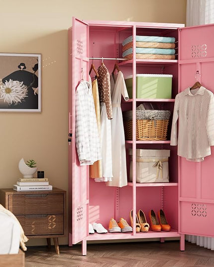 Aobabo Metal Wardrobe Cabinets with Lock, 2 Door Metal Closet wtih 4 Adjustable Shelves and 2 Hannging Rod, Lockable Locker Cabinet, Storage Locker for Home, Office,Pink, Assembly Required