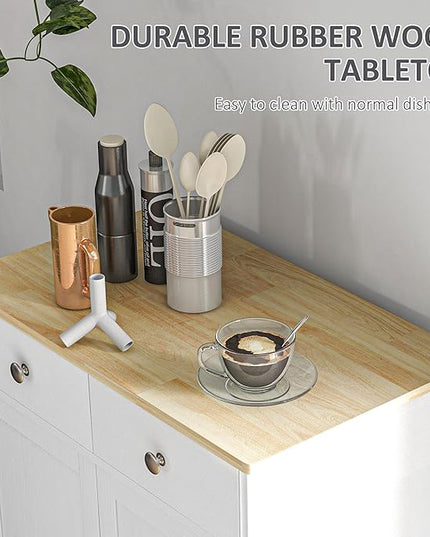 HOMCOM Sideboard with Solid Wood Countertop, Modern Kitchen Storage Cabinet, Coffee Bar Cabinet with 2 Drawers, Doors and Adjustable Shelf, Distressed White