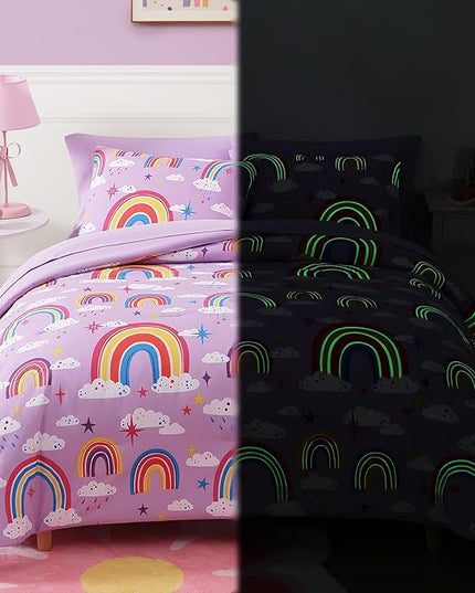 Full Size Comforter Set for Girls-7 Pieces Purple Rainbow Glow in The Dark Full Bedding Sets for Kids, Ultra Soft Bed in A Bag with Sheets