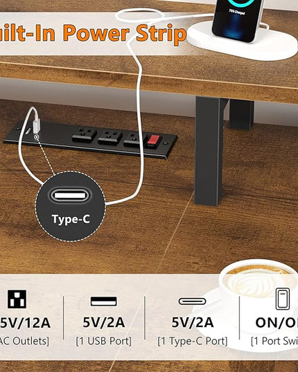 60 Inch Computer Desk with 8 Fabric Drawers, Gaming Desk with LED Lights & Power Outlets, Home Office Desk with Monitor Stand, Rustic Brown