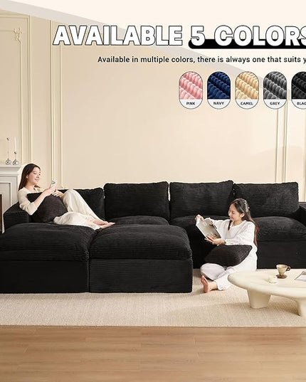 137.8” Sectional Couches for Living Room, Cloud Couch, Modular Sectional Sofa, Convertible Sofas Bed, Deep Seat Sofa, U Shaped Cozy Sofa Furniture Set, Corduroy, Black