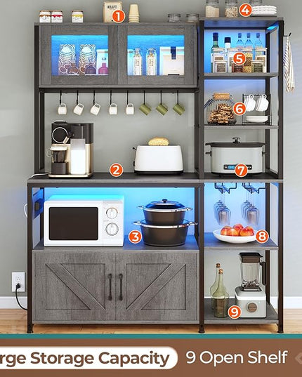 Itaar Bakers Rack with Power Outlet and LED Light, 45.3 Inch Farmhouse Coffee Bar Cabinet, Kitchen Microwave Stand with Storage, Glass Cabinet, Goblet Holder and 8 Hooks (Grey)