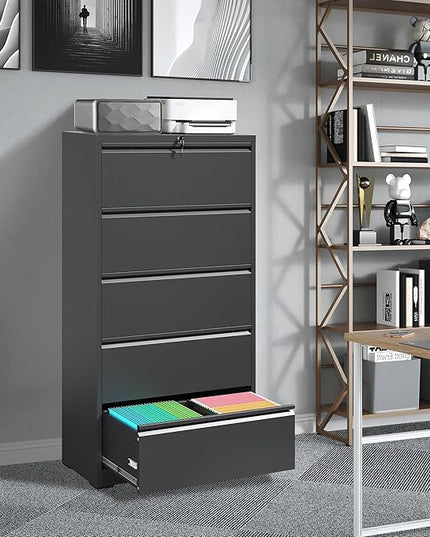 File Cabinets 5 Drawer,Metal Office Storage Filing Cabinet with Lock,Black Lateral Filing Cabinet for Home Office,Horizontal Locking File Cabinet for Legal/Letter/A4,Assembly Require,Black