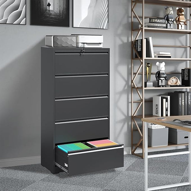 File Cabinets 5 Drawer,Metal Office Storage Filing Cabinet with Lock,Black Lateral Filing Cabinet for Home Office,Horizontal Locking File Cabinet for Legal/Letter/A4,Assembly Require,Black