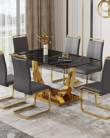 63” Dining Room Table Set for 6,Modern Gold Dining Table Set for 6 with PU Leather Chairs,Black Faux Marble Dinner Table Set with Tempered Glass Top and Golden Base
