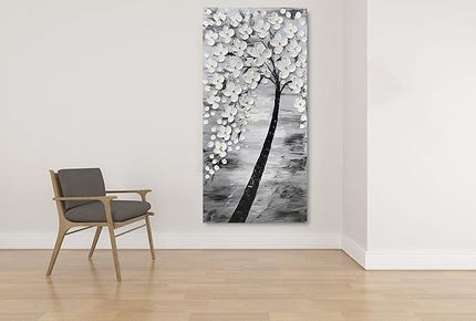Yihui Arts 3D White Flower Canvas Wall Art Hand Painted Grey Paintings Vertical Artwork for Living Room Bedroom Hallway Decoration