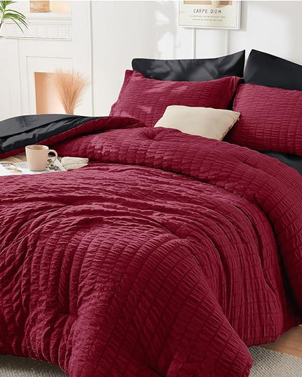 HYMOKEGE Red & Black Twin Comforter Set Seersucker 5 Pieces, All Season Luxury Bed in a Bag for Bedroom, Bedding Set with Comforters, Sheets, Pillowcase & Sham