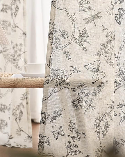 Lazzzy Linen Black Floral Farmhouse Curtains 96 Inches Long Drapes for Living Room Bedroom Pattern Light Filtering Country Vintage Curtain Grommet Top, 2 Panels, Black on Beige