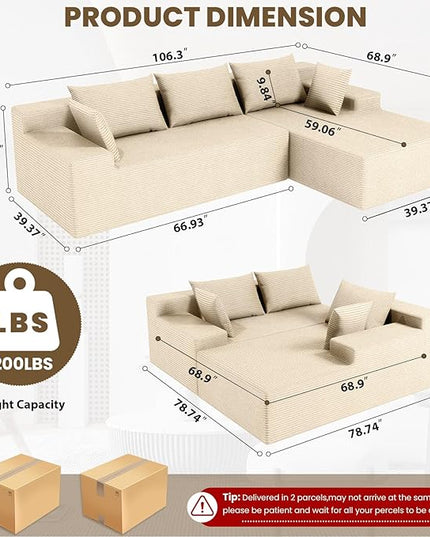 LEVELEVE 107" Cloud Sectional Couch with Deep Seat，Modern Modular Sofa with L-Shape Chaise，No Assembly Required, Upholstered Couches for Living Room Bedroom(Beige,Right Facing Chaise)
