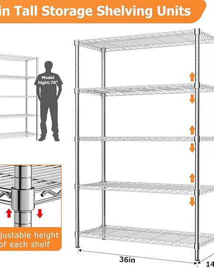 Storage Shelves Heavy Duty, 3 PCS 36" L x 14" W x 72" H Garage Wire Shelving Unit Loads 1750LBS, 5-Tier Adjustable Metal Industrial Utility Shelf Rack for Kitchen, Laundry Room, Warehouse, Basement