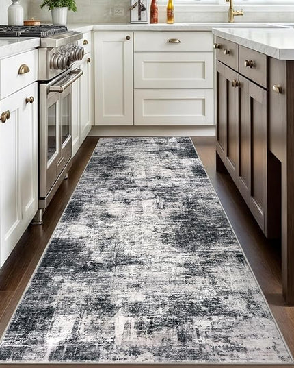 IOHOUZE Abstract Runner Rug 3x8 Ft Washable Runners for Hallways, Non Slip Kitchen Runner Printed Faux Wool Entryway Runner Indoor, Modern Abstract Floor Carpet for Hall Kitchen Bedroom, Black Grey