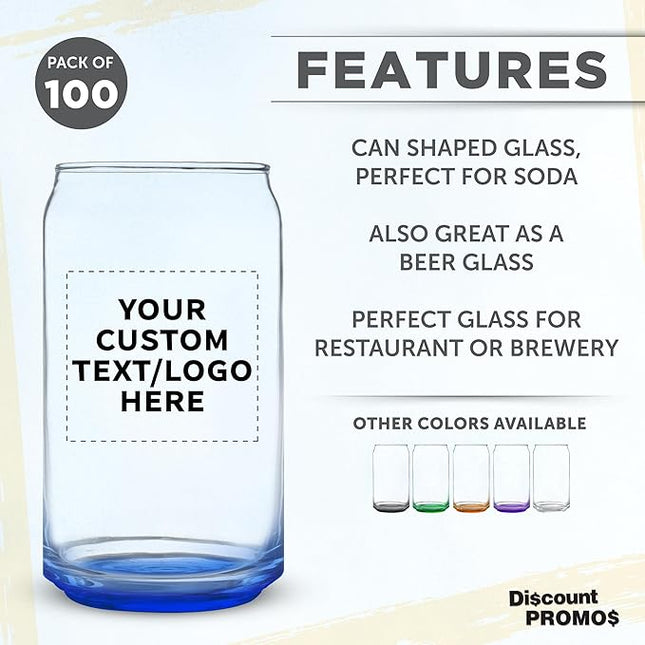 Custom Beer Can Glasses Set of 100, 16 oz. Pint Sized, Promotional Text, Logo, Soda Can Shape, Glassware, Blue