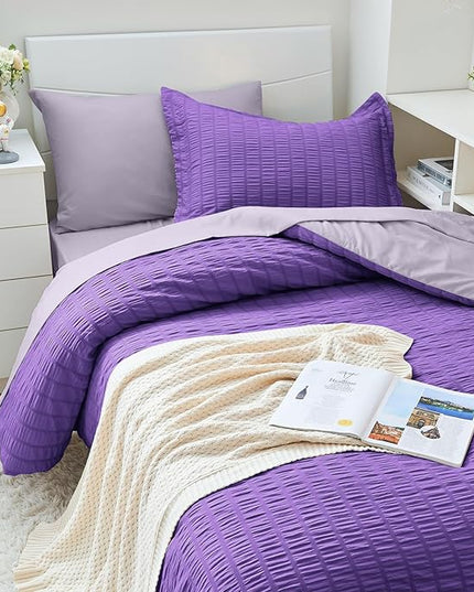 HYMOKEGE Dark Purple/Lavender Twin XL Comforter Set Seersucker 5 Pieces, All Season Luxury Bed in a Bag for Bedroom, Bedding Set with Comforter, Sheets, Pillowcase & Sham