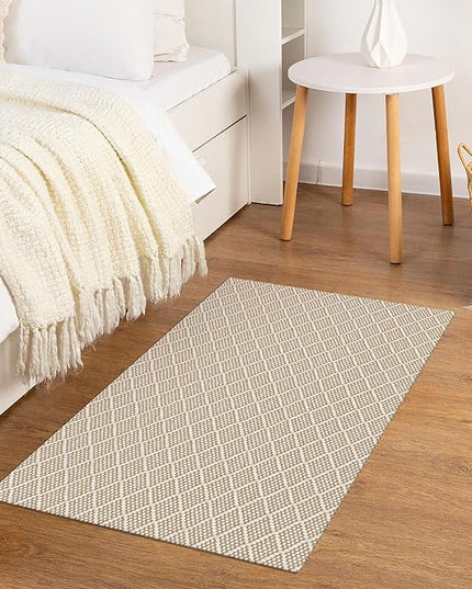 KOZYFLY Small Area Rug 2x3 Ft Washable Entryway Rug Non Slip Rubber Backed Throw Rugs Indoor Door Mat, Braided Cotton Floor Carpet for Front Entrance Front Door Sink Foyer, Tan/Beige