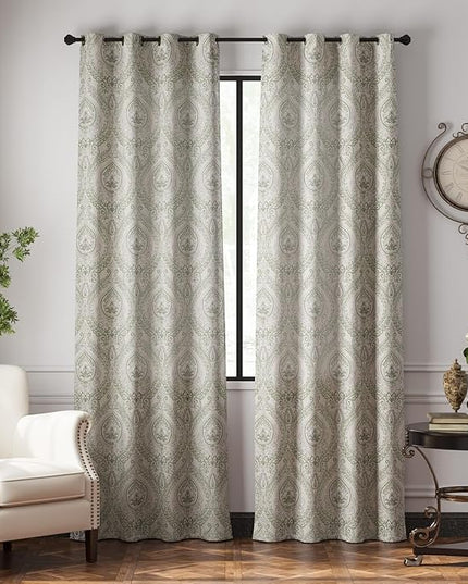 jinchan Linen Textured Curtains for Living Room Darkening 96 Inches Long, Medallion Drapes for Bedroom, Damask Pattern Window Treatments Vintage Curtain Panels, 2 Panels Sage Green on Greige
