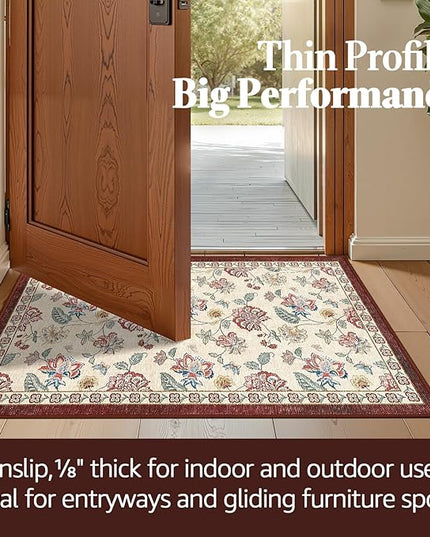 jinchan Elora 3x5 Floral Rug for Entryway Washable Rug Vintage Romance Design Christmas Small Mat Non Slip Indoor Doormat Lightweight Low-Profile Throw Carpet for Bathroom Laundry Room, Red/Beige