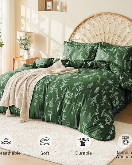 MUXHOMO Dark Green Full Comforter Set, Elegant Floral Print Bed in a Bag 7 Pieces, Ultra Soft & Breathable Reversible Botanical Pattern Bedding Set with Comforter, Sheets, Pillowcases, and Shams