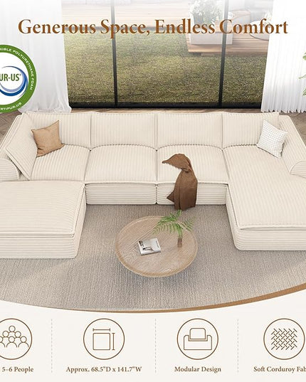Vesgantti 141.7" U Shaped Sectional Boneless Couch, Modern 6 Seater Modular Sofa with Chaise & Ottoman, Deep Seat Plush Corduroy Cloud Couches for Living Room, No Assembly Required, Beige