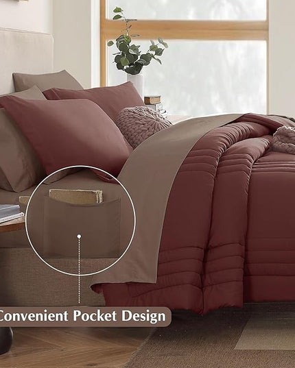 Monbix King Size Comforter Set - 7 Pieces Bed in a Bag King, Dark Red Bedding Sets with Comforter, All Seasons Down Alternative Comforter Bed Set with Sheets, Pillowcases & Shams