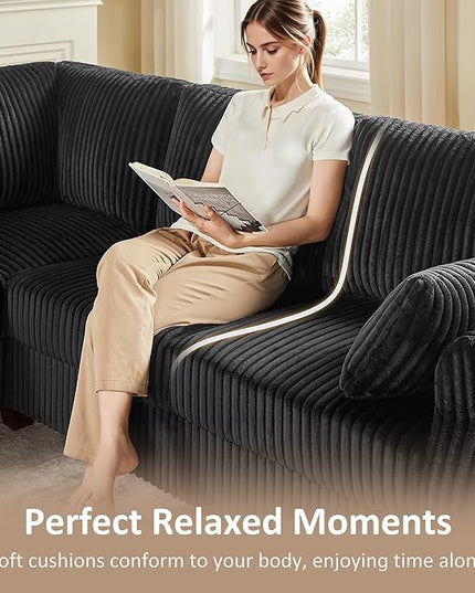 Modular Sectional Sofa Couch, L-Shape Corduroy Couches 4 Seat with Storage Ottoman, Modern Corner Sofa Memory Foam Sectional Cloud Couches for Living Room, Bedroom, Apartment, Office (Black)