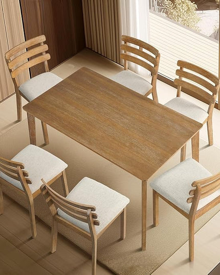 Modern Dining Table Set for 4, Wooden Farmhouse Dining Roon Table and Solid Wood Chairs, 7-Piece Dining Set for Home, Kitchen, Dining Room, 6 Upholstered Chairs, Solid Wood Legs