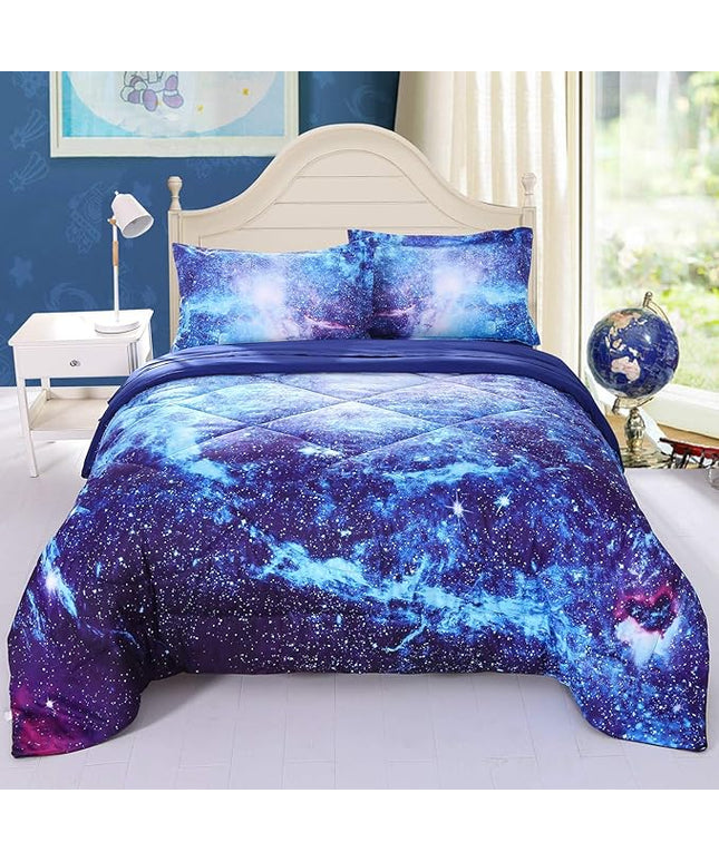 Wowelife Galaxy Bedding Twin Outer Space Comforter Set 5 Pieces Blue Cosmic Galaxy Bed Set Kids Bed in A Bag Twin for Teen Boys and Girls with Comforter, Flat Sheet, Fitted Sheet and 2 Pillowcases