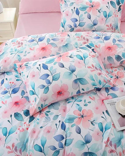 MUXHOMO Pink Blue Branch Bed in a Bag Queen 7 Pieces, Queen Comforter Set Reversible Botanical Flowers Design, Ultra Soft & Breathable Bedding Sets with Comforter, Sheets, Pillowcases & Shams