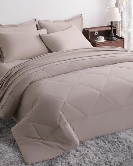 NTBAY King Comforter Set with Sheets, 7 Pieces Soft and Breathable King Bedding Set, Bed in a Bag, Down Alternative Comforter Set Solid Color All Season, King Bedding Set, Taupe