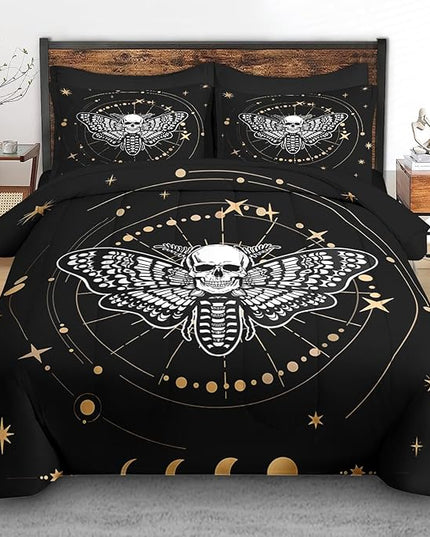 Comforter Set King Size, Moth Dead Sun Moon 7 Pcs Bedding for Adults, Animal Butterfly Bed Sheet Sets with Fitted Sheet 2 Pillowcases & 2 Shams for Bedroom Bed Decor