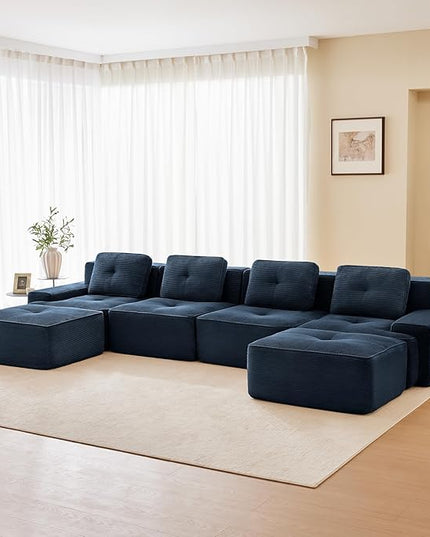 Hommoo 153" Oversized Sectional Sofa, Modular U Shaped Couch with Ottoman, Comfy Corduroy Couches with Deep Seat, 6 Seat Convertible Boneless Sofa for Living Room No Assembly Required Blue