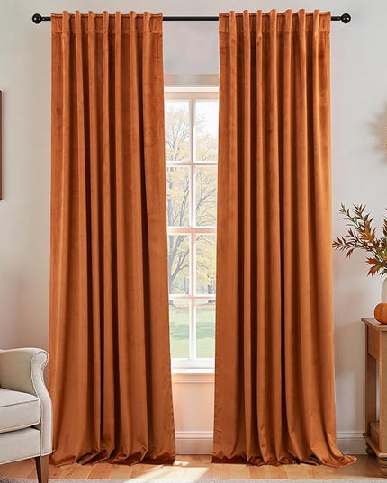 KOUFALL Rustic Autumn Velvet Black Out Curtains 96 Inch Long 2 Panel Set for Sliding Glass Doors,Blackout Pleated 8FT Length Floor to Ceiling Track Curtains with Hooks Mount System