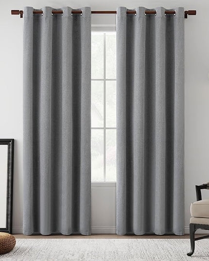 100% Blackout Linen Grey Curtains 90 Inch Length for Bedroom Living Room, Room Darkening Thermal Insulated Lightweight Grommet Curtain Drapes, Grey, W52 x L90, 2 Panels