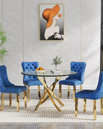HomVent Round Glass Dining Table Set for 4, Modern Tempered Glass Kitchen Table Set and Chairs, Round Glass Dining Room Table Set for Kitchen (Gold, 36 inch Gold Table with 4 Blue Chairs)