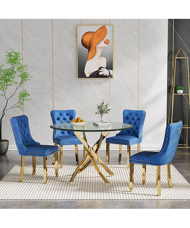 HomVent Round Glass Dining Table Set for 4, Modern Tempered Glass Kitchen Table Set and Chairs, Round Glass Dining Room Table Set for Kitchen (Gold, 36 inch Gold Table with 4 Blue Chairs)