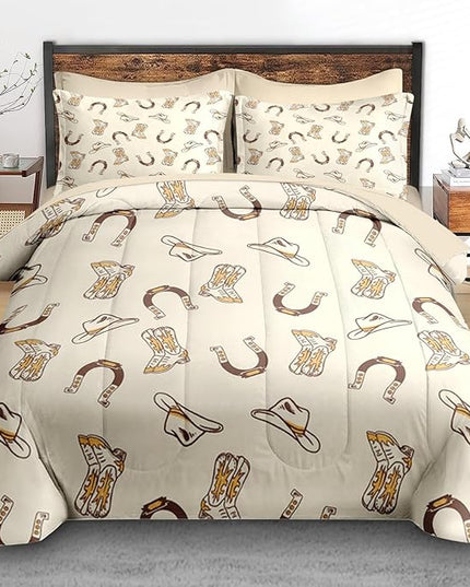 Comforter Set Twin Size, Vintage Cowgirl Cowboy 5 Pcs Bedding for Kids and Adults, Retro Western Horseshoe Bed Sheet Sets with Fitted Sheet Pillowcase & Sham