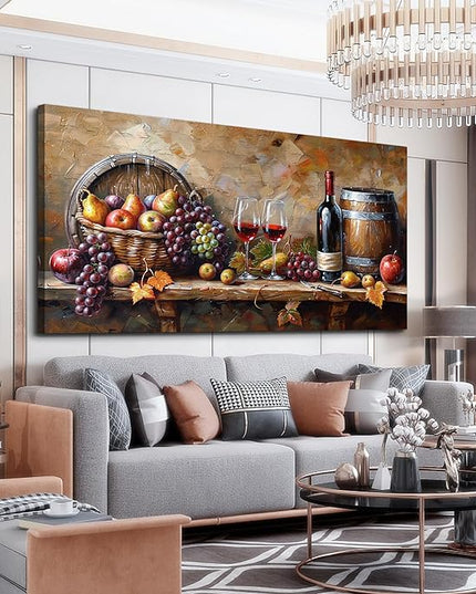 XIGUANGART Red Wine Glass Wall Art Grape Barrel Painting Kitchen Artwork Prints for Dinning Room Bar Large Canvas Wall Decor for Living Room Office Fruit Still Life Picture Modern Home Decoration