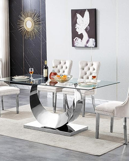 5 Piece Dining Table Set, Modern Glass Dining Table Set for 4, 70" Luxury Glass Table w/Silver Stainless Steel Base & 4 Beige Tufted Chairs, Kitchen Dining Room Sets for 4 for Breakfast Dinner Dinette