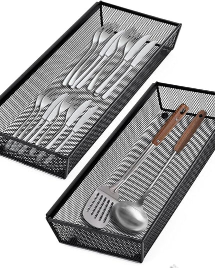 Neudeco Silverware Drawer Organizer,Utensil Organizer for Kitchen Drawer Organizer for Large Utensils with Interlocking Arm, Silverware Storage Cutlery Tray for Knives Fork Spoon (Pack 5, Black)