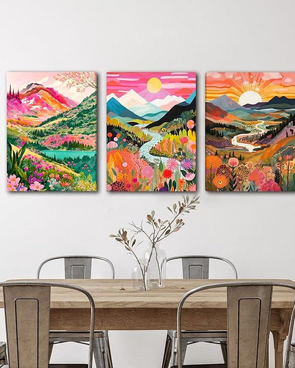DUWQU 3 piece Colorful Watercolor Mountain Canvas Wall Art Boho Floral Painting Picture Wall Decor Abstract Nature Landscape Poster Print Artwork for Living Room Bedroom Bathroom Office 12x16 Inches