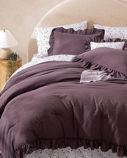 King Comforter Set - 7 Pieces Ruffle Purple Bedding Sets, Shabby Chic Farmhouse Bed in a Bag King with Ruffle Comforter, Floral Sheets, Pillowcases & Shams