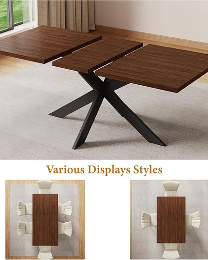 ZckyCine Modern 7-Piece Dining Table Set, 51''-67'' Extendable Walnut Wood Rectangular Table with Metal Legs and 6 PU Leather Chairs, Kitchen & Dining Room Furniture for 6, Easy Assembly