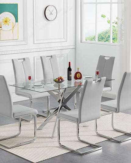 HomVent 7 Pieces Rectangular Glass Dining Table Set, Glass Kitchen Table Set for 6 Dinner Table Set with 6 PU Dining Chairs for Kitchen Dining Room