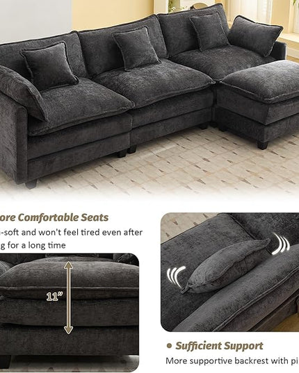 111'' Sectional Cloud Deep Seat Couch, Modern Comfy Chenille L Shaped Sectional Sofa for Living Room Set, Upholstered Modular 4-Seats Sofa Couch with Movable Ottoman, Dark Grey