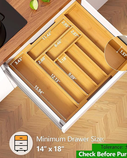 Pipishell Bamboo Silverware Organizer, Expandable Cutlery Tray, Utensil Drawer Organizer in Kitchen for Spoons Forks Knives, Multipurpose Use, Natural, Large