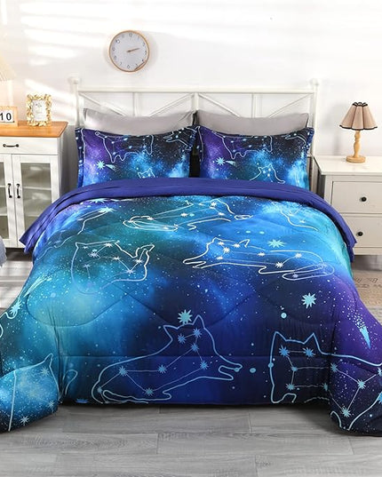 Wowelife Galaxy Comforter Set Queen 5 Pieces Bedding Set Blue 3D Kids Bedding Set Bed in a Bag for Boys and Girls with Comforter, Flat Sheet, Fitted Sheet and 2 Pillowcases