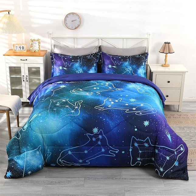 Wowelife Galaxy Comforter Set Queen 5 Pieces Bedding Set Blue 3D Kids Bedding Set Bed in a Bag for Boys and Girls with Comforter, Flat Sheet, Fitted Sheet and 2 Pillowcases