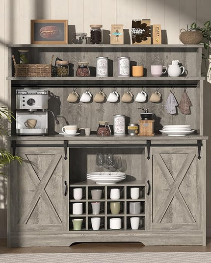 55'' Farmhouse Coffee Bar Cabinet with 3 Tier Storage Hutch, Coffee Bar Station with Sliding Barn Door, Hutch Storage Cabinet with 12 Wine Racks & 9 Hooks for Kitchen Dining Living Room