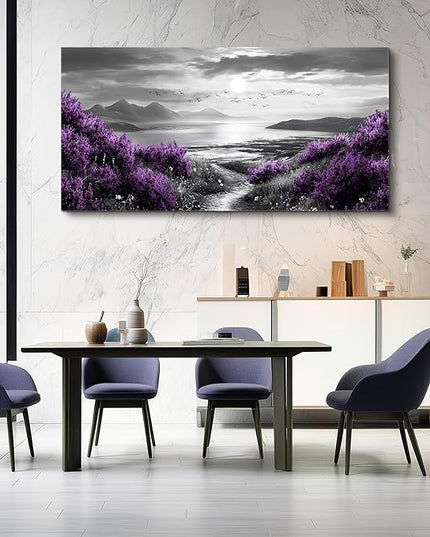 Canvas Wall Art for Living Room Large Wall Decor for Bedroom Modern Office Wall Decoration Purple Flowers Landscape Paintings Black and White Scenery Pictures Artwork Aesthetic Home Decor